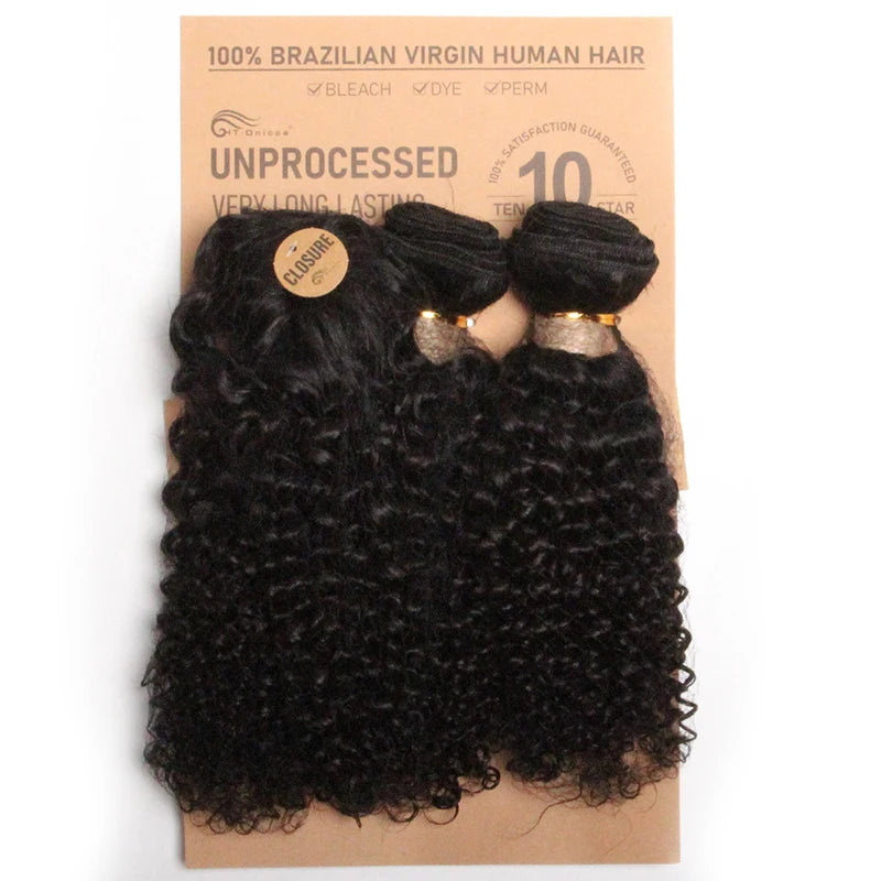 Kinky Curly Human Hair Bundles Short Brazilian Hair Weaves 3 Bundles With Closure Natural Black Curly Bundles With Closure