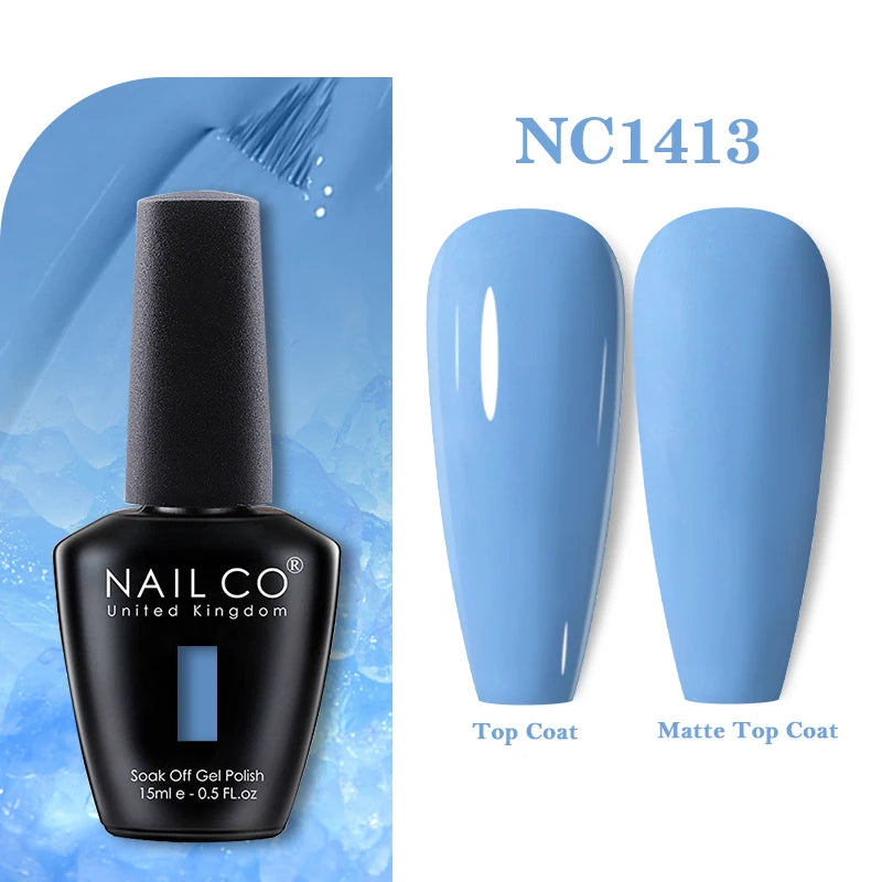 Vernis à ongles gel NAILCO 283 couleurs, base et top coat, semi-permanent, UV, pour nail art et manucure hybride.