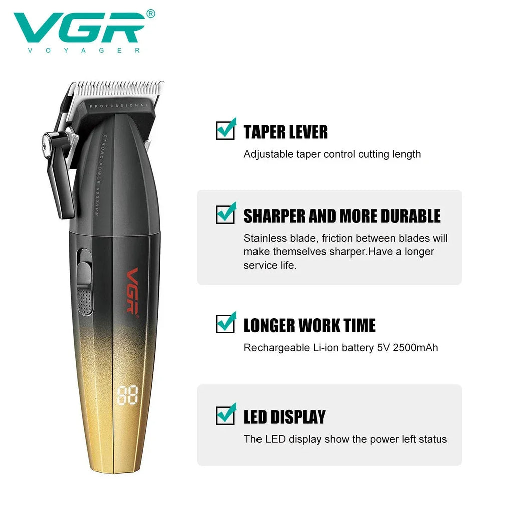 Tondeuse à cheveux professionnelle VGR, machine de coupe de cheveux sans fil, avec affichage numérique, pour hommes V-003