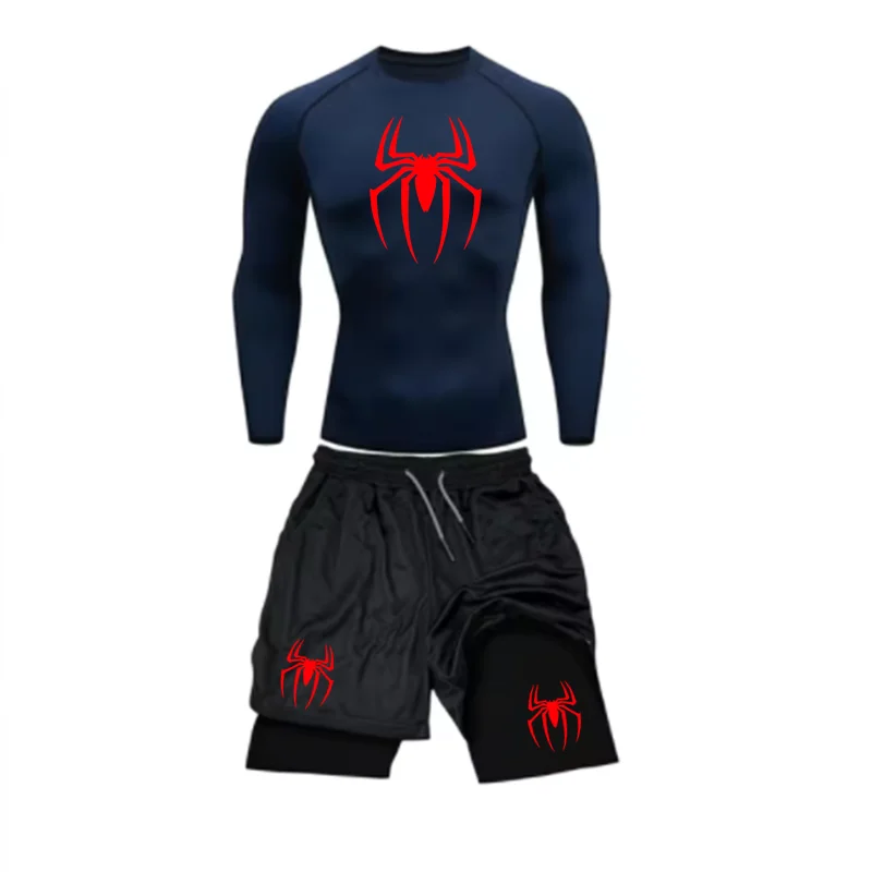 Spring and Autumn Men's Sports Set Quick drying Training Clothes Spider Printed Fitness Top Performance Shorts Gym Casual Sports