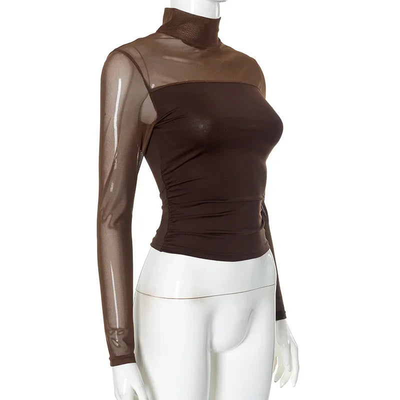 Transparent Mesh T-shirts Women Streetwear Solid Color Aesthetic Clothes Long Sleeve Ropa Mujer Slim Fit Office Lady Outfits