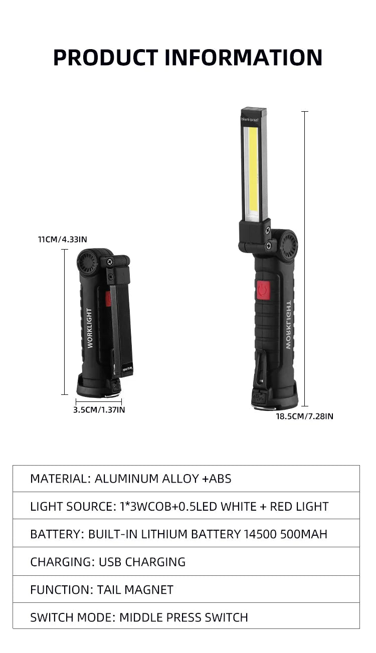 Lampe torche LED de camping rechargeable USB, lampe de travail magnétique avec crochet, étanche, mode d'éclairage adapté au travail de nuit.