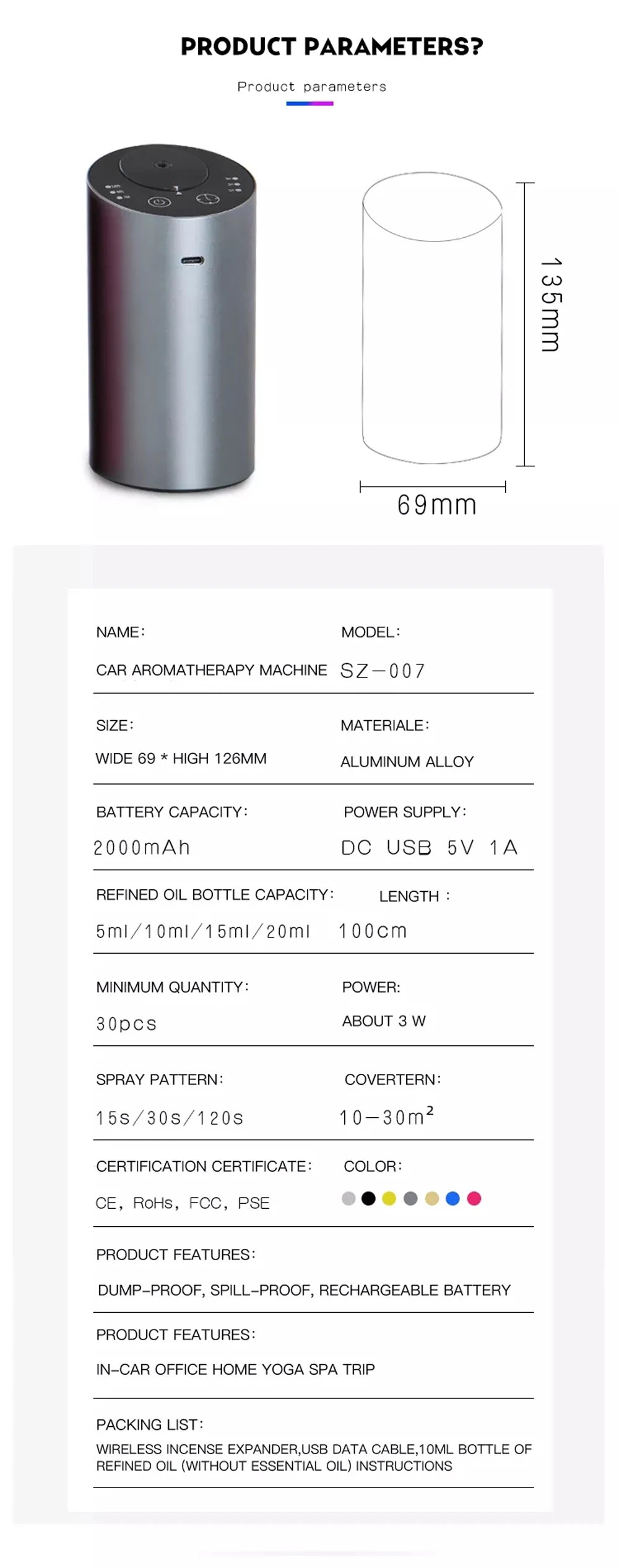 Diffuseur d'arômes sans fil pour voiture avec flacon d'huile essentielle vide de 20 ml. Diffuseur de parfum électrique rechargeable pour la maison et la chambre.