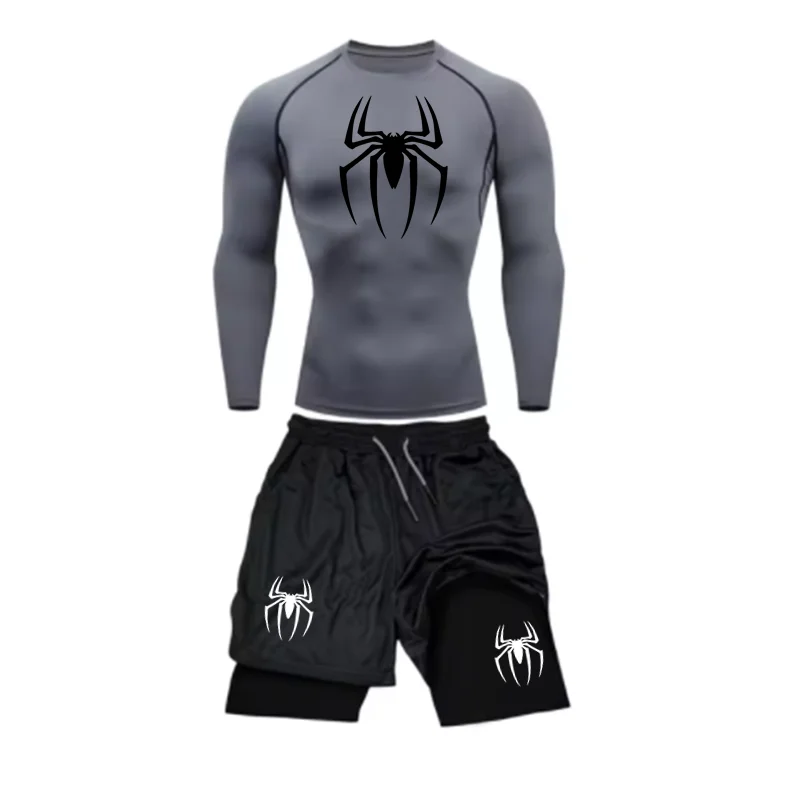 Spring and Autumn Men's Sports Set Quick drying Training Clothes Spider Printed Fitness Top Performance Shorts Gym Casual Sports