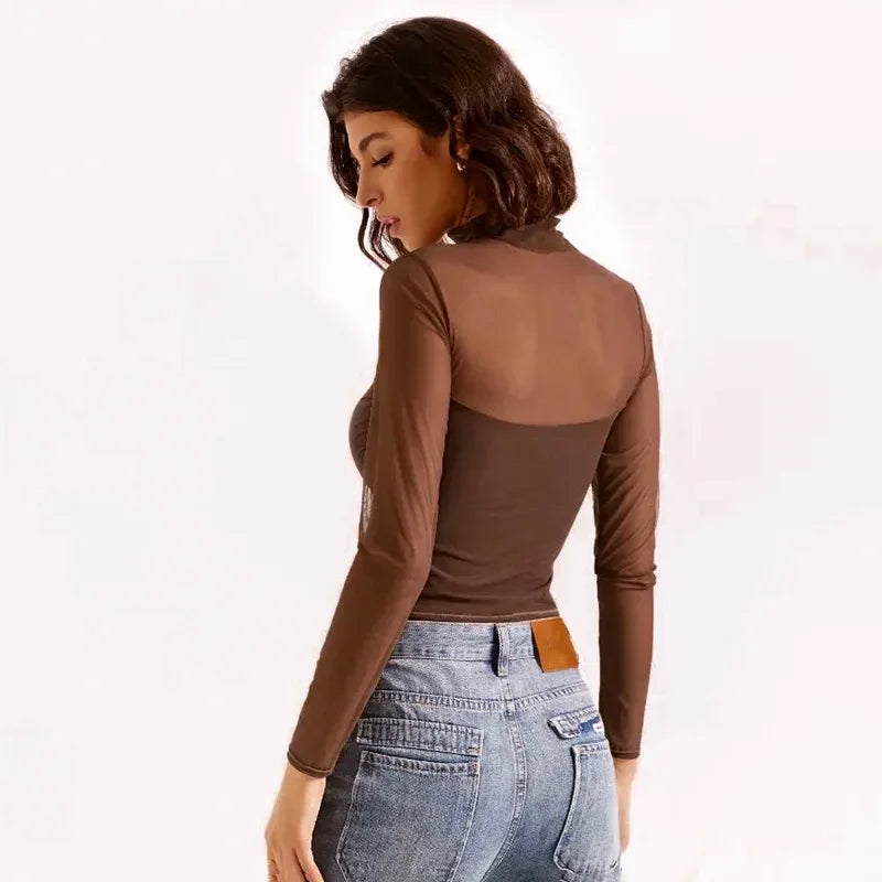 Transparent Mesh T-shirts Women Streetwear Solid Color Aesthetic Clothes Long Sleeve Ropa Mujer Slim Fit Office Lady Outfits