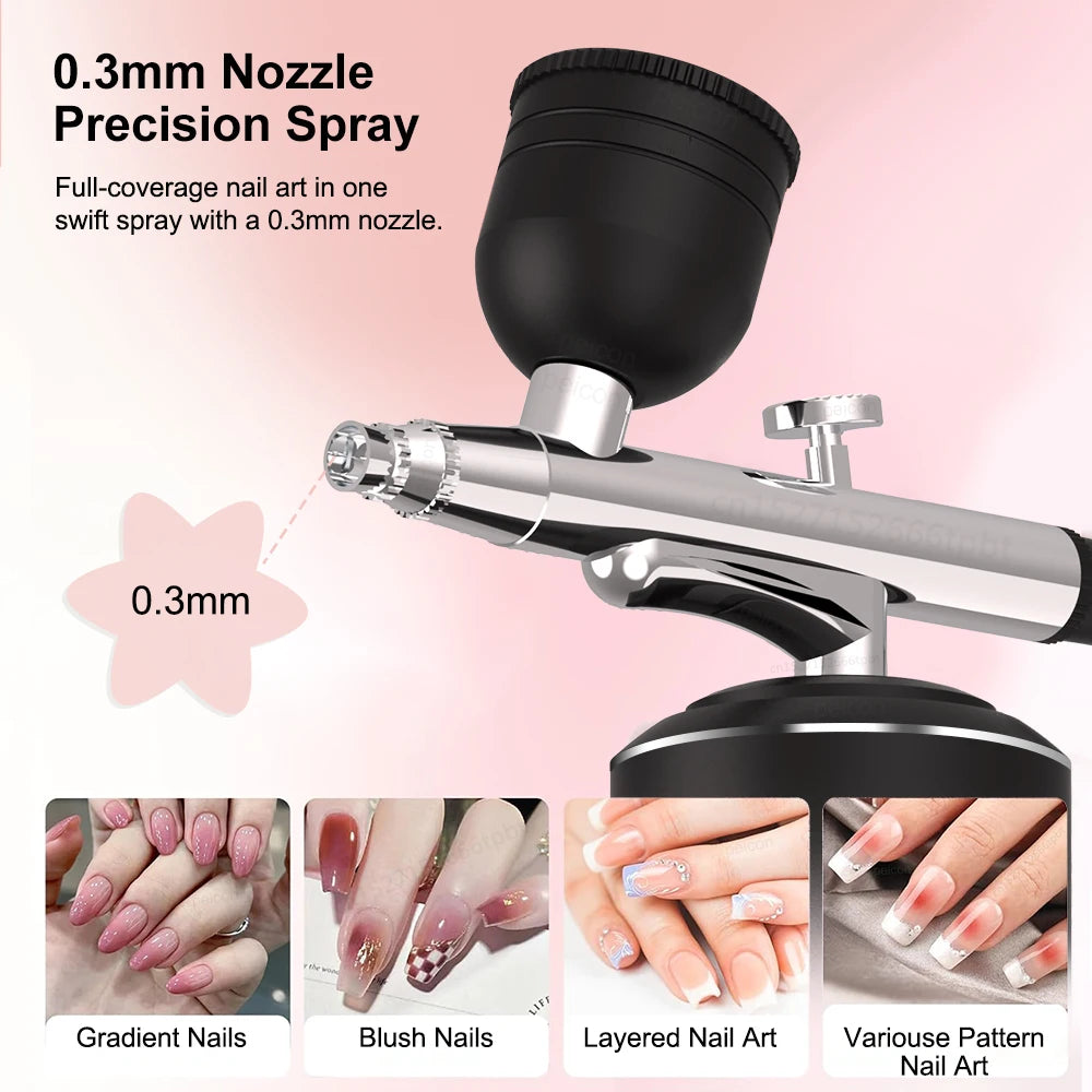 Aérographe portable avec compresseur pour la peinture et le nail art, idéal pour la décoration de gâteaux, le maquillage, les manucures et autres travaux de beauté. Pistolet à peinture portable pour vernis et ongles.