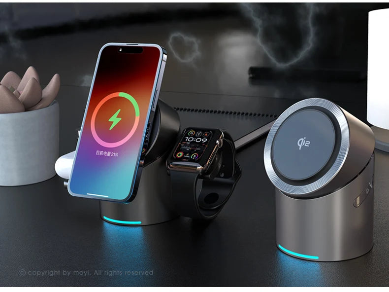 Chargeur sans fil magnétique intelligent Qi2 3 en 1 de 15 W avec rotation automatique pour Android, iPhone, iWatch et AirPods, station de charge rapide MagSafe