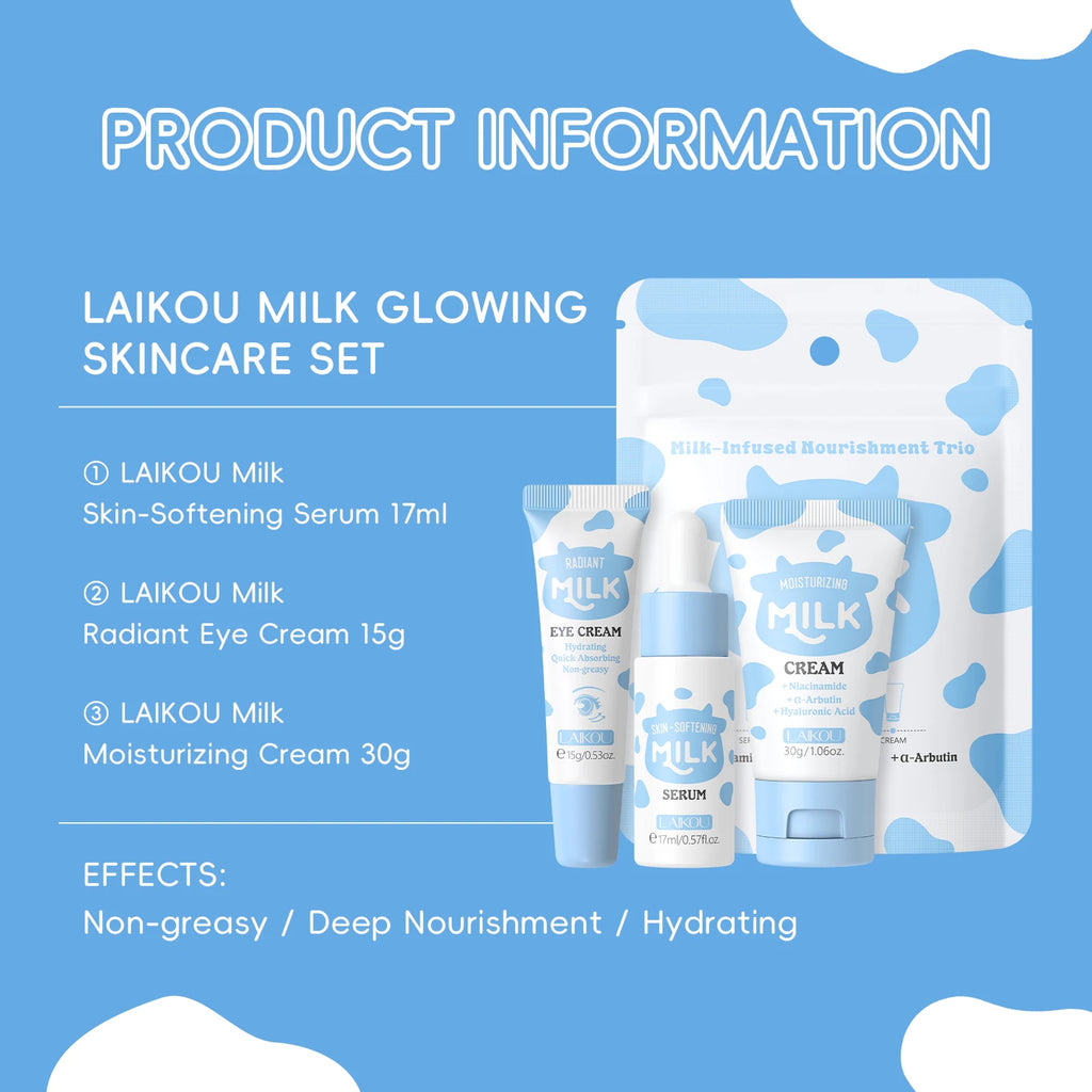 LAIKOU Milk Glowing Trio Set - Deep Nourishment & Hydrating Skincare Kit
