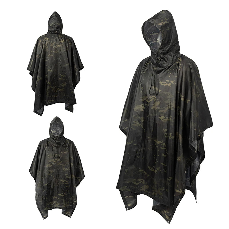Military Tactical Rain Poncho - Waterproof Multi-Use Shelter & Raincoat