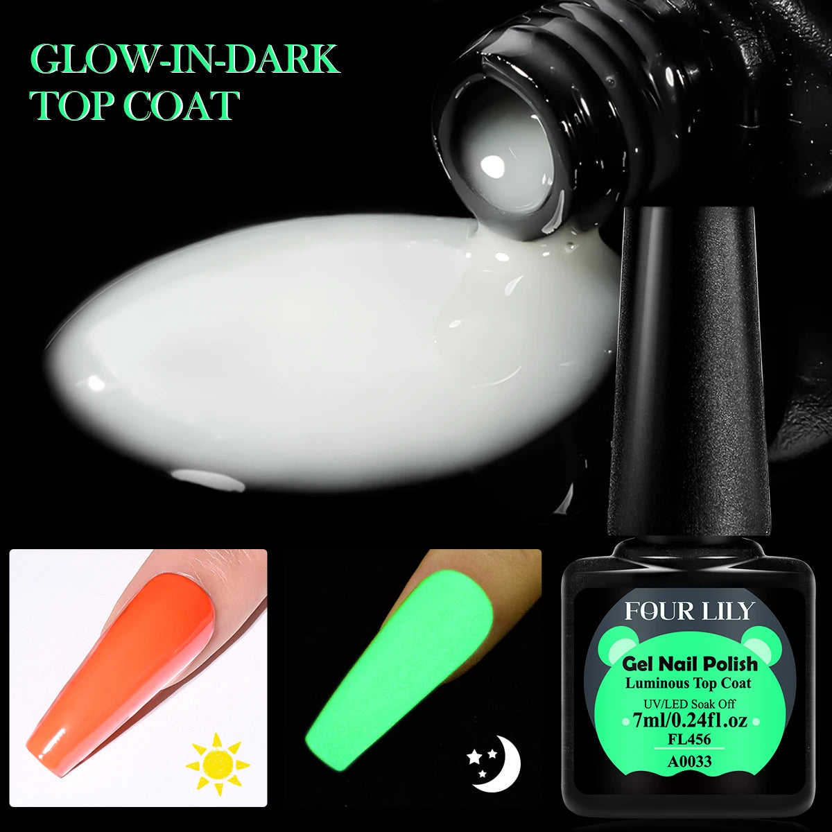 Four Lily 7ml Luminous Top Coat Fluorescent Glow In Dark Gel Nail Polish Semi Permanent Soak Off UV LED Gel Varnish Nail Art Gel