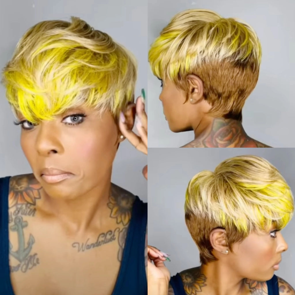 Perruque synthétique WIGERA Highlight, coupe pixie courte et lisse, style bob, mélange miel doré et noir, pour femme