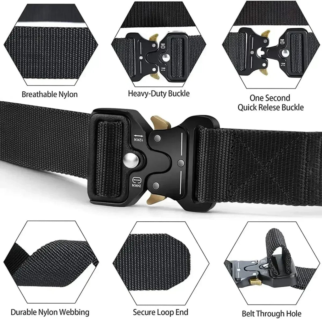 Ceinture tactique unisexe de style militaire pour le travail, la randonnée et les travaux de précision. Ceinture porte-arme avec boucle métallique robuste à dégagement rapide.