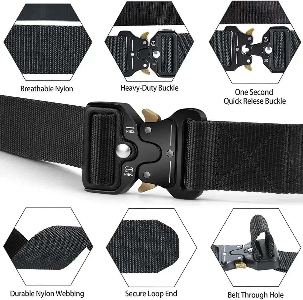 Ceinture tactique unisexe de style militaire pour le travail, la randonnée et les travaux de précision. Ceinture porte-arme avec boucle métallique robuste à dégagement rapide.