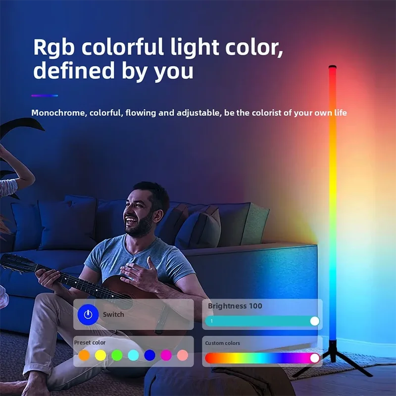 Lampadaire d'angle intelligent RGB avec application et télécommande, éclairage d'ambiance LED à intensité variable pour salle de jeux, salon ou chambre.