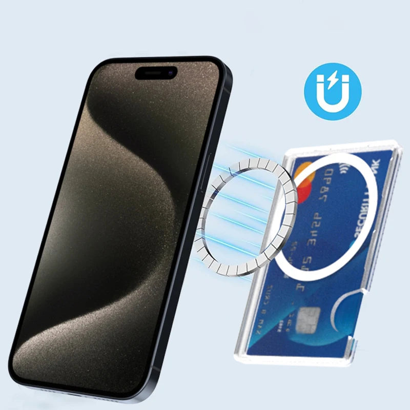 Étui portefeuille magnétique transparent avec porte-cartes pour coque MagSafe, compatible iPhone 15 Pro Max, 14 Plus, 13 et Samsung S24 Ultra. Emplacements pour cartes magnétiques.