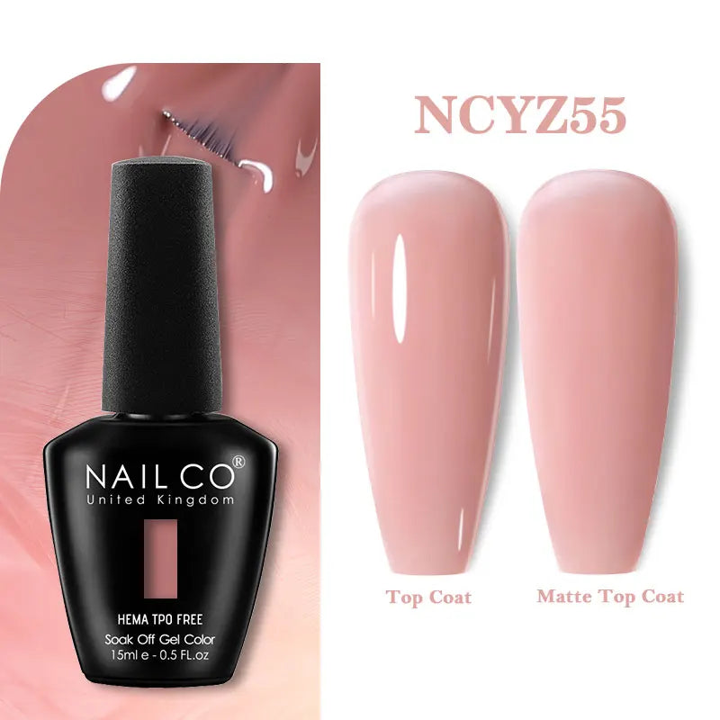 Vernis à ongles gel NAILCO 283 couleurs, base et top coat, semi-permanent, UV, pour nail art et manucure hybride.