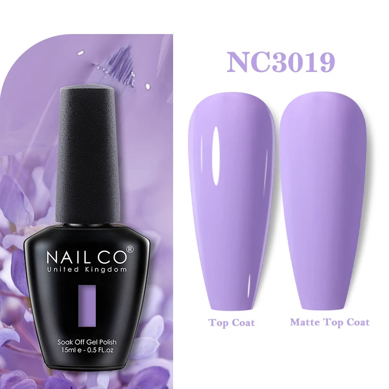 Vernis à ongles gel NAILCO 283 couleurs, base et top coat, semi-permanent, UV, pour nail art et manucure hybride.