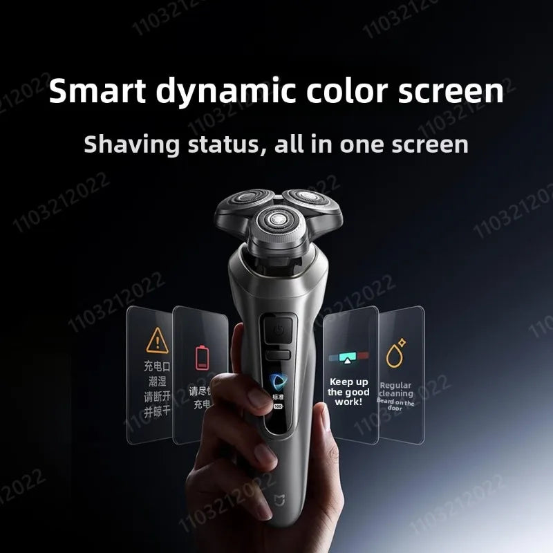 Rasoir électrique Xiaomi Pro avec tondeuse à barbe, utilisable sur peau sèche ou humide, étanche, écran couleur dynamique, rasage complet à 360°, autonomie de 90 jours.