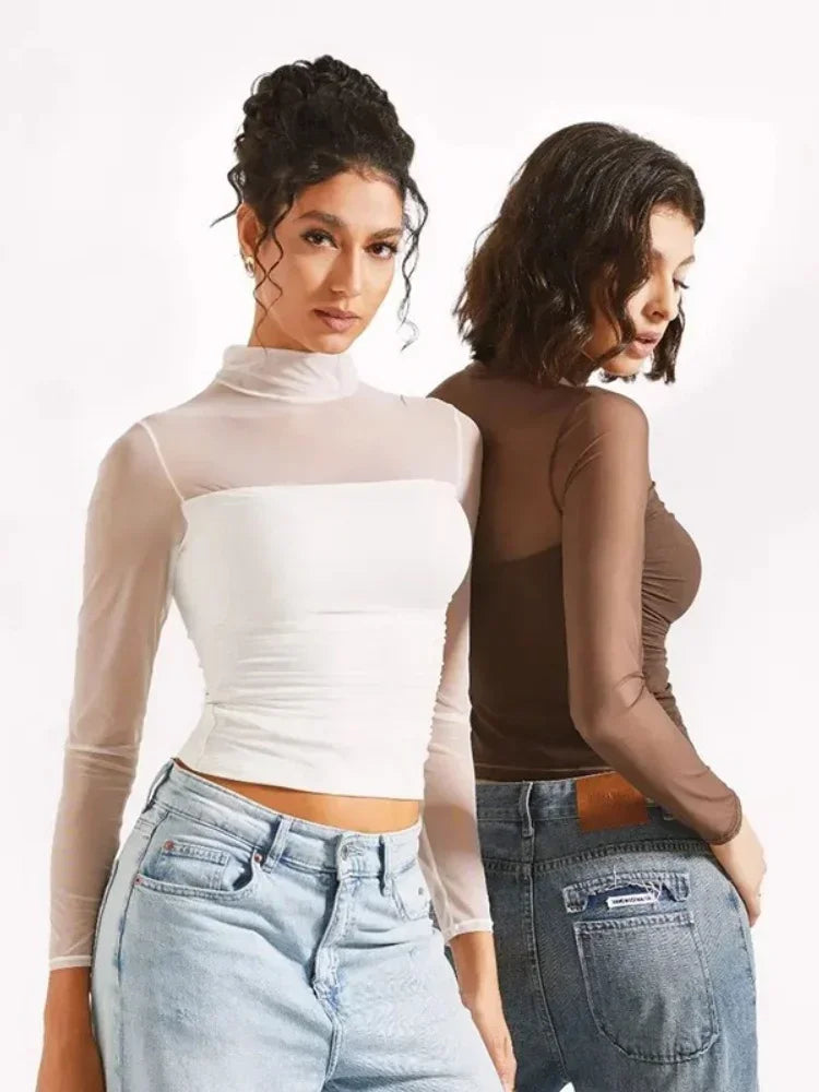Transparent Mesh T-shirts Women Streetwear Solid Color Aesthetic Clothes Long Sleeve Ropa Mujer Slim Fit Office Lady Outfits
