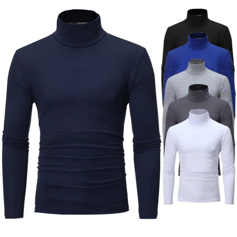 Men's High Neck T-Shirt - Fashion Solid Slim-Fit Long Sleeve Basic Tee