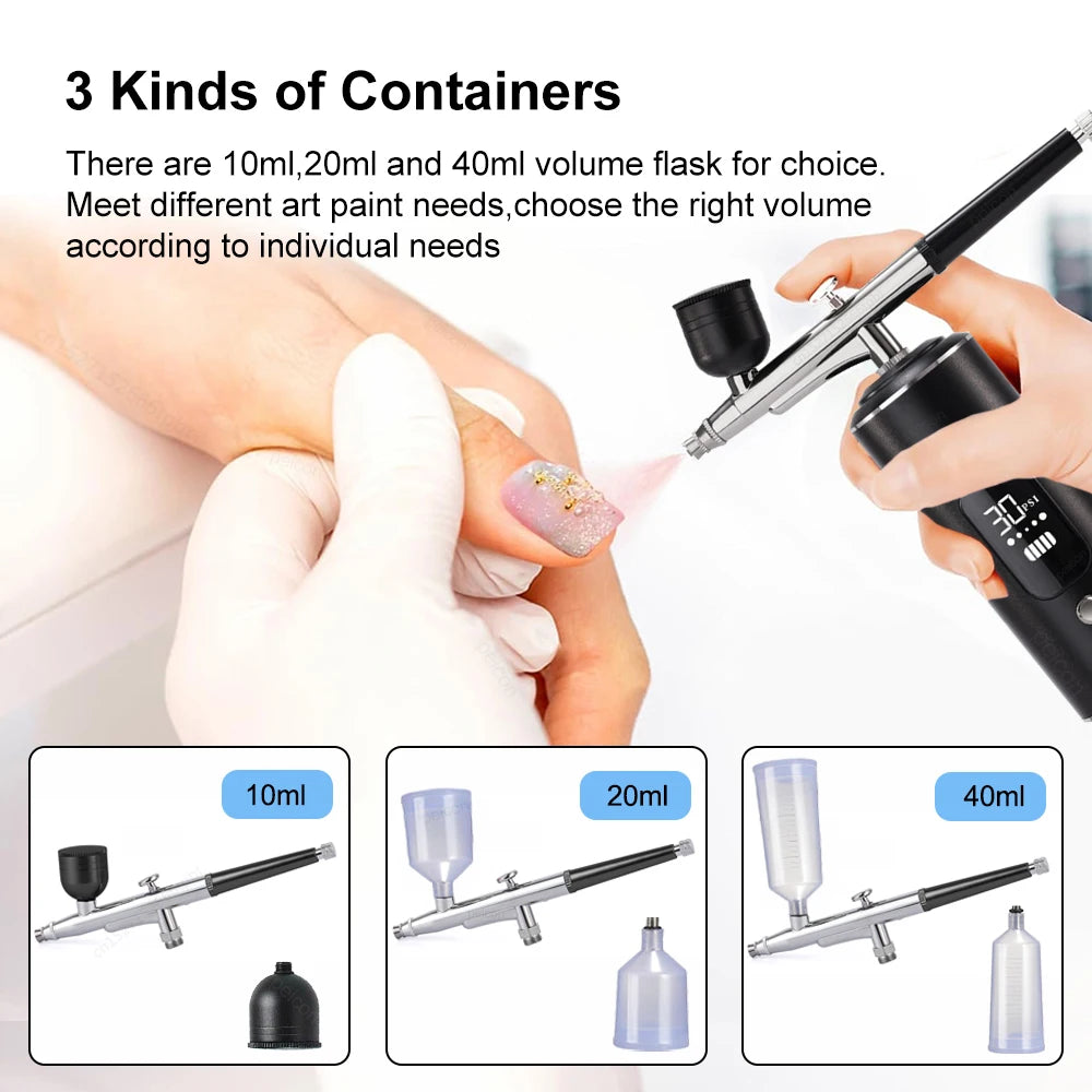 Aérographe portable avec compresseur pour la peinture et le nail art, idéal pour la décoration de gâteaux, le maquillage, les manucures et autres travaux de beauté. Pistolet à peinture portable pour vernis et ongles.