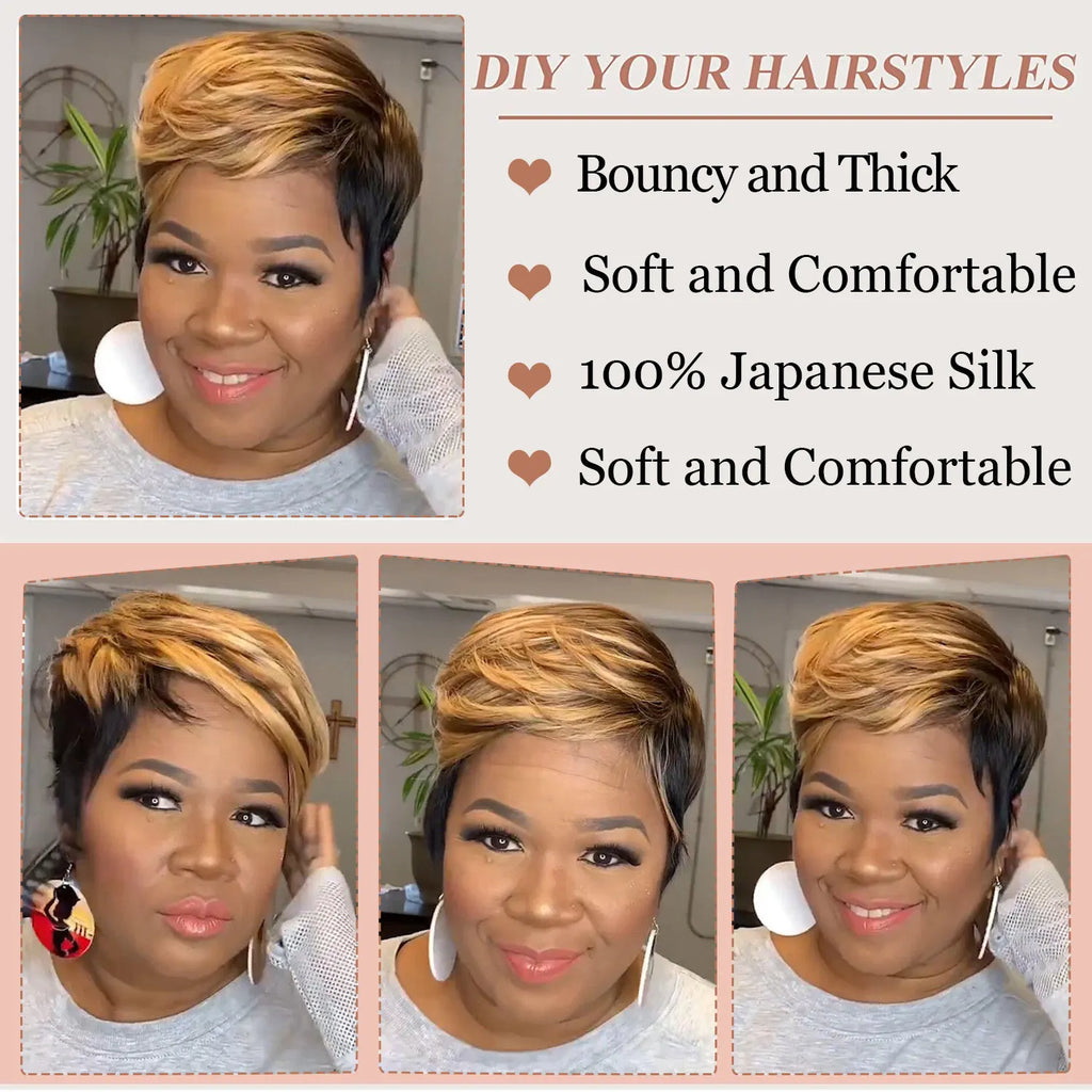 Perruque synthétique WIGERA Highlight, coupe pixie courte et lisse, style bob, mélange miel doré et noir, pour femme