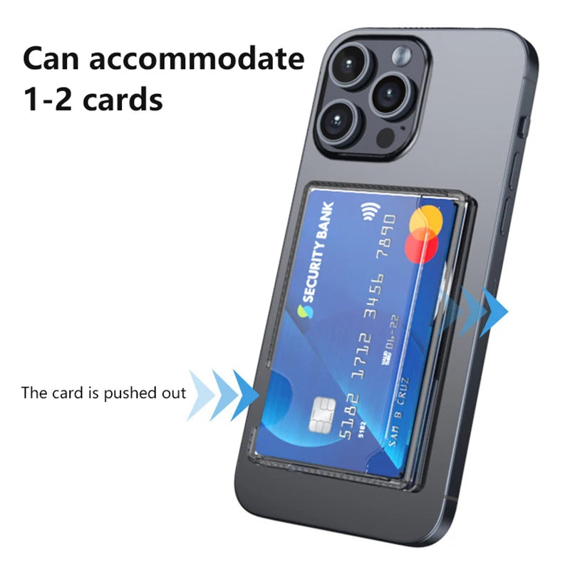 Étui portefeuille magnétique transparent avec porte-cartes pour coque MagSafe, compatible iPhone 15 Pro Max, 14 Plus, 13 et Samsung S24 Ultra. Emplacements pour cartes magnétiques.