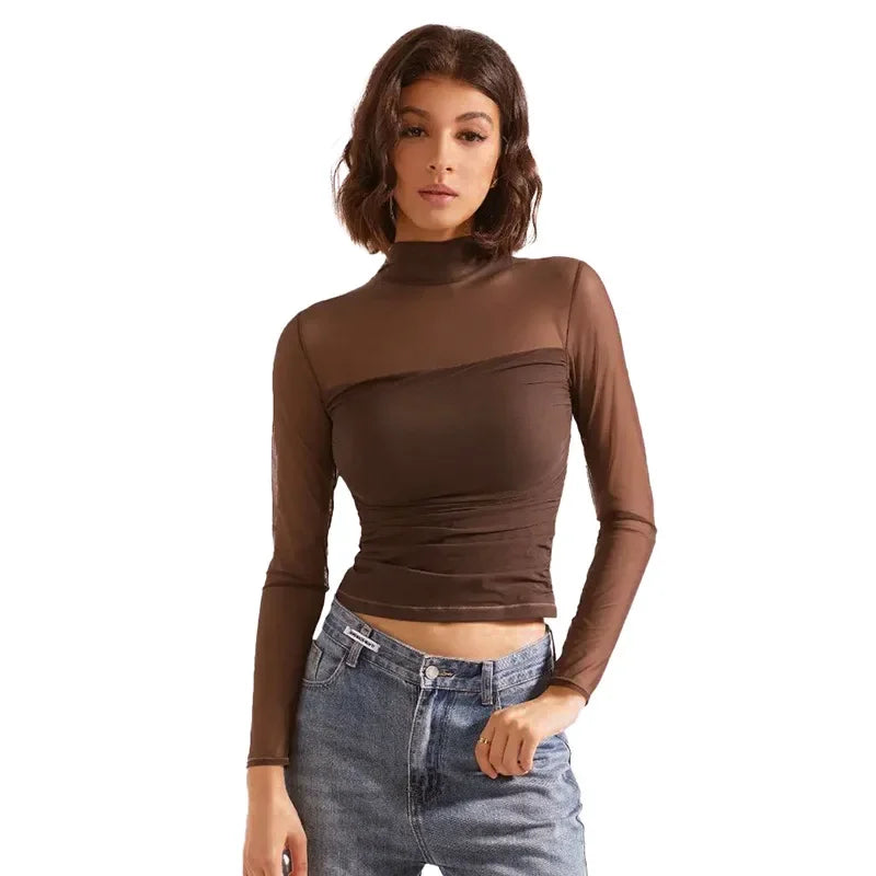 Transparent Mesh T-shirts Women Streetwear Solid Color Aesthetic Clothes Long Sleeve Ropa Mujer Slim Fit Office Lady Outfits