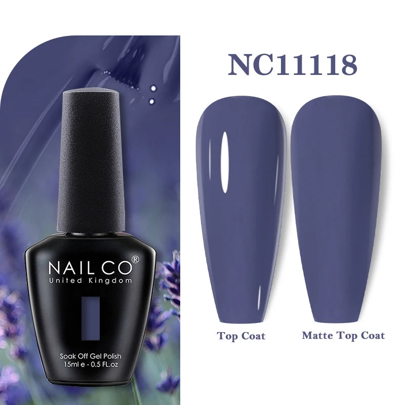 Vernis à ongles gel NAILCO 283 couleurs, base et top coat, semi-permanent, UV, pour nail art et manucure hybride.