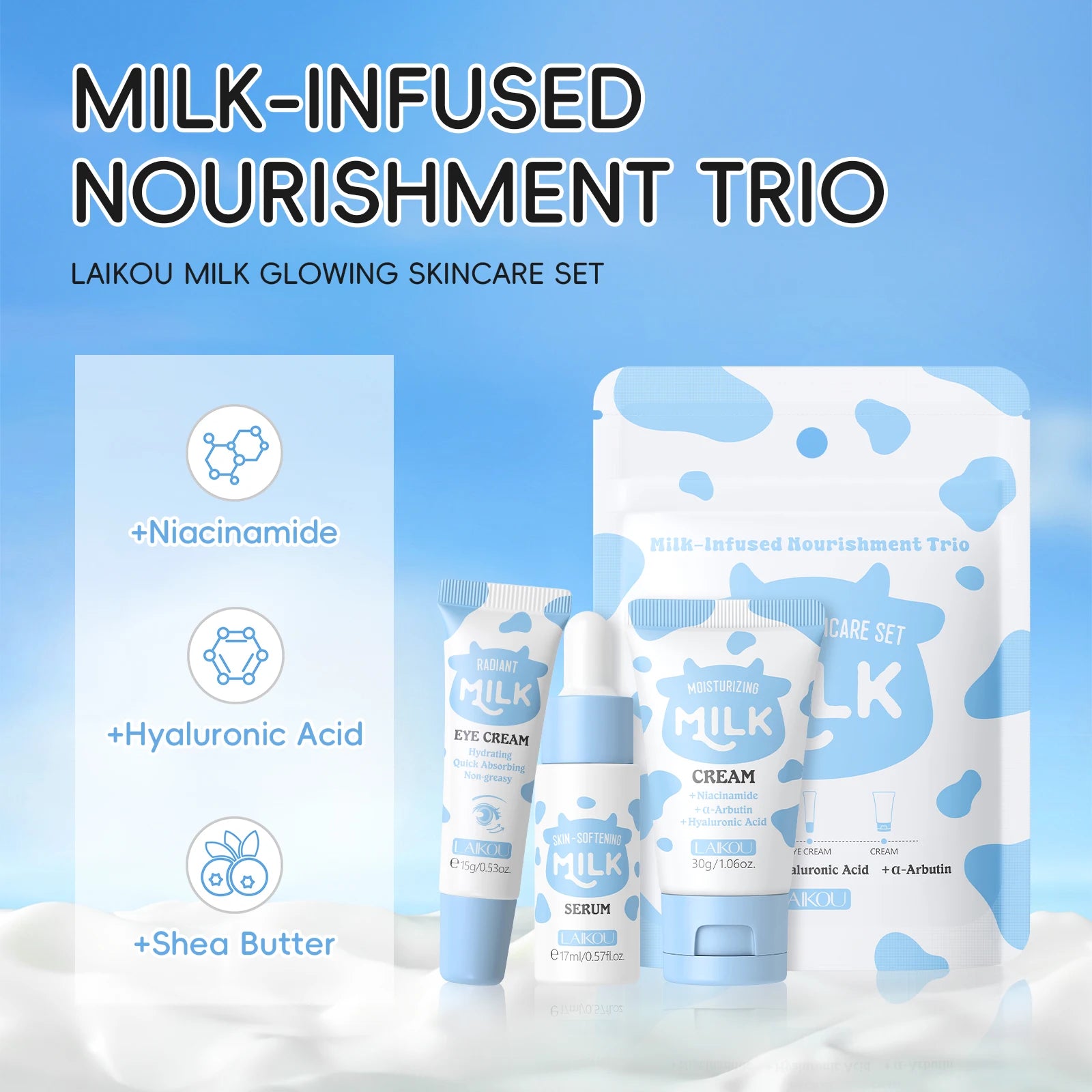 LAIKOU Milk Glowing Trio Set - Deep Nourishment & Hydrating Skincare Kit