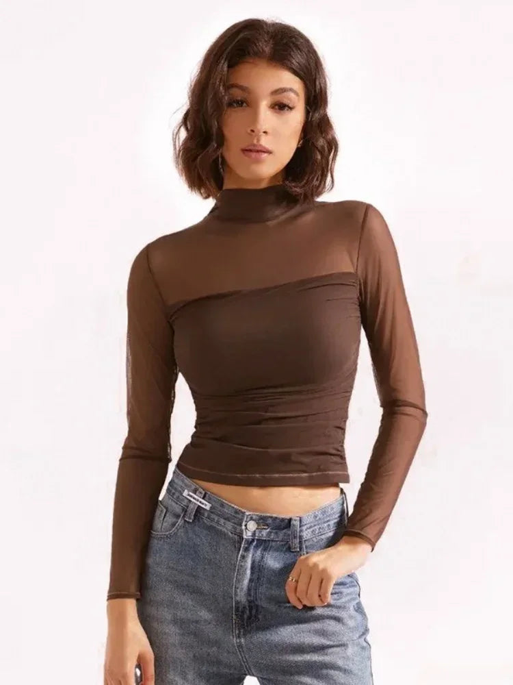 Transparent Mesh T-shirts Women Streetwear Solid Color Aesthetic Clothes Long Sleeve Ropa Mujer Slim Fit Office Lady Outfits