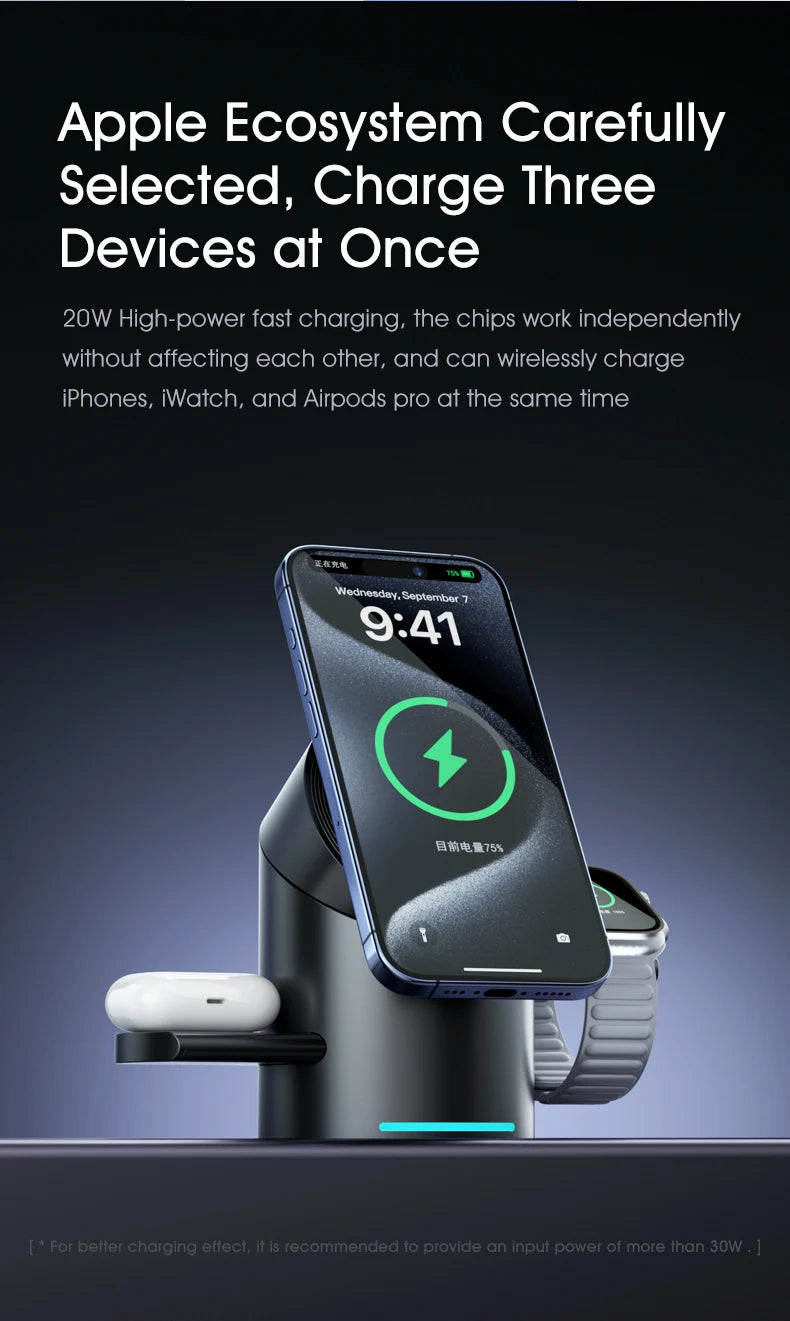 Chargeur sans fil magnétique intelligent Qi2 3 en 1 de 15 W avec rotation automatique pour Android, iPhone, iWatch et AirPods, station de charge rapide MagSafe
