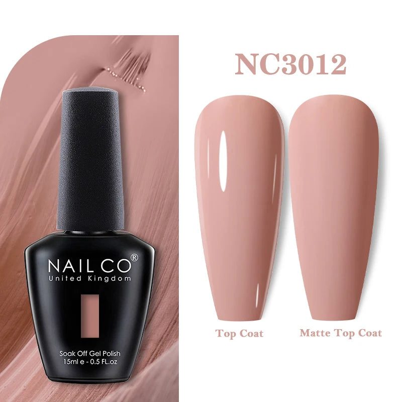 Vernis à ongles gel NAILCO 283 couleurs, base et top coat, semi-permanent, UV, pour nail art et manucure hybride.