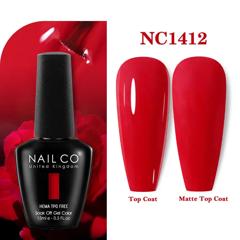 Vernis à ongles gel NAILCO 283 couleurs, base et top coat, semi-permanent, UV, pour nail art et manucure hybride.