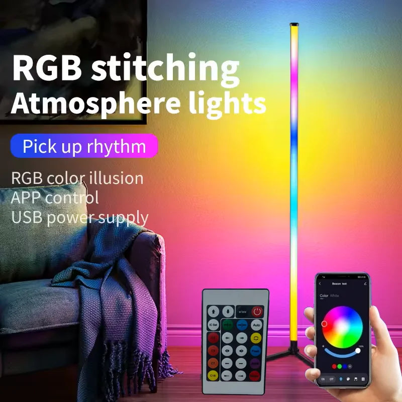 Lampadaire d'angle intelligent RGB avec application et télécommande, éclairage d'ambiance LED à intensité variable pour salle de jeux, salon ou chambre.