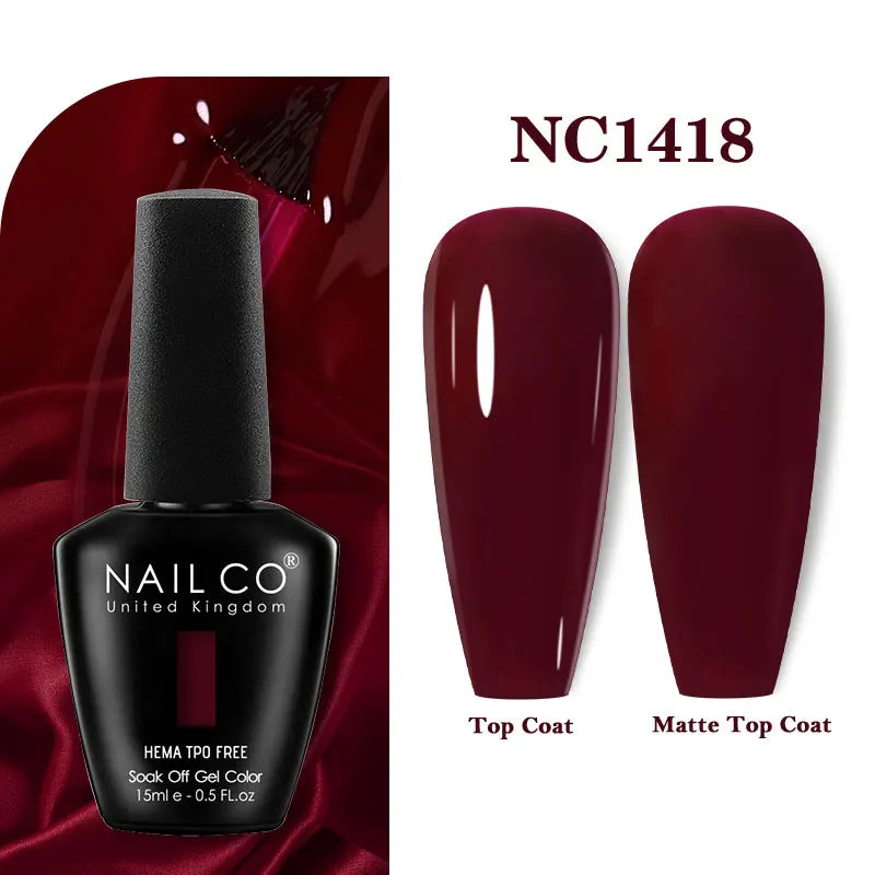 Vernis à ongles gel NAILCO 283 couleurs, base et top coat, semi-permanent, UV, pour nail art et manucure hybride.