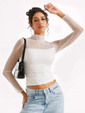 Transparent Mesh T-shirts Women Streetwear Solid Color Aesthetic Clothes Long Sleeve Ropa Mujer Slim Fit Office Lady Outfits