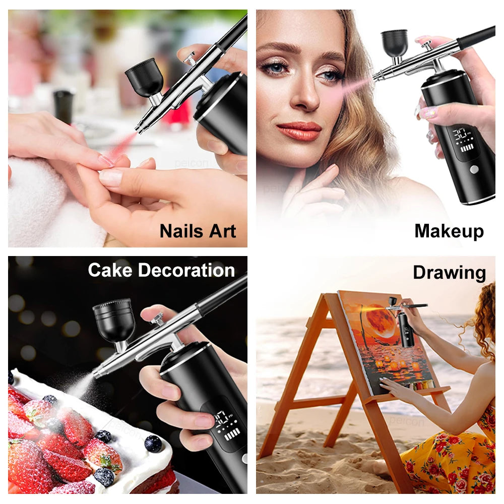 Aérographe portable avec compresseur pour la peinture et le nail art, idéal pour la décoration de gâteaux, le maquillage, les manucures et autres travaux de beauté. Pistolet à peinture portable pour vernis et ongles.