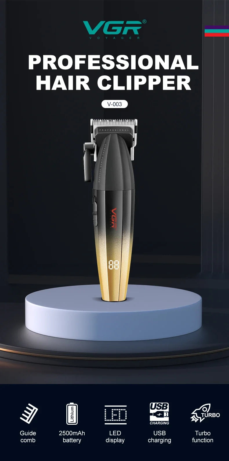 Tondeuse à cheveux professionnelle VGR, machine de coupe de cheveux sans fil, avec affichage numérique, pour hommes V-003