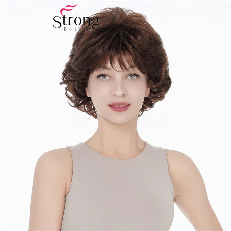 Strongbeauty Short Wavy Auburn Brown Synthetic Hair Thick Wig Full wig for Women