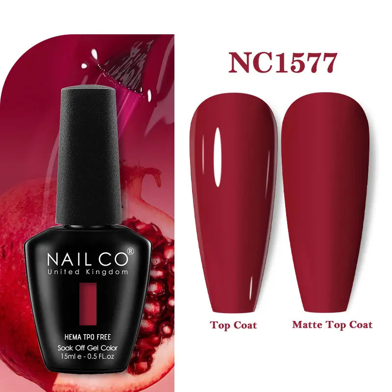 Vernis à ongles gel NAILCO 283 couleurs, base et top coat, semi-permanent, UV, pour nail art et manucure hybride.