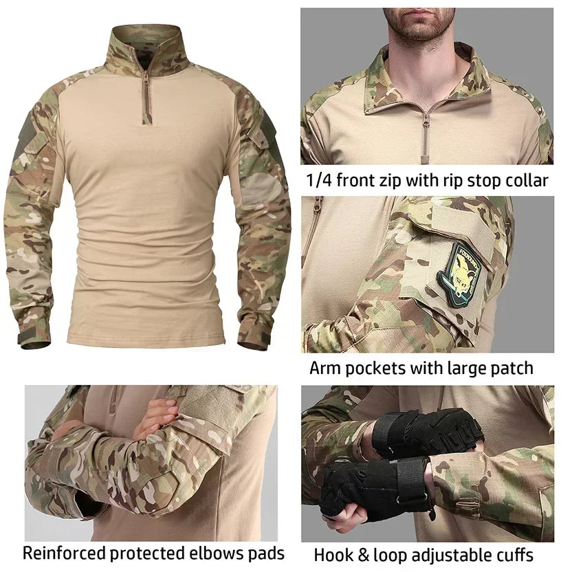 Tactical Airsoft Army Combat Shirt - Breathable CP Camo Zipper Tee