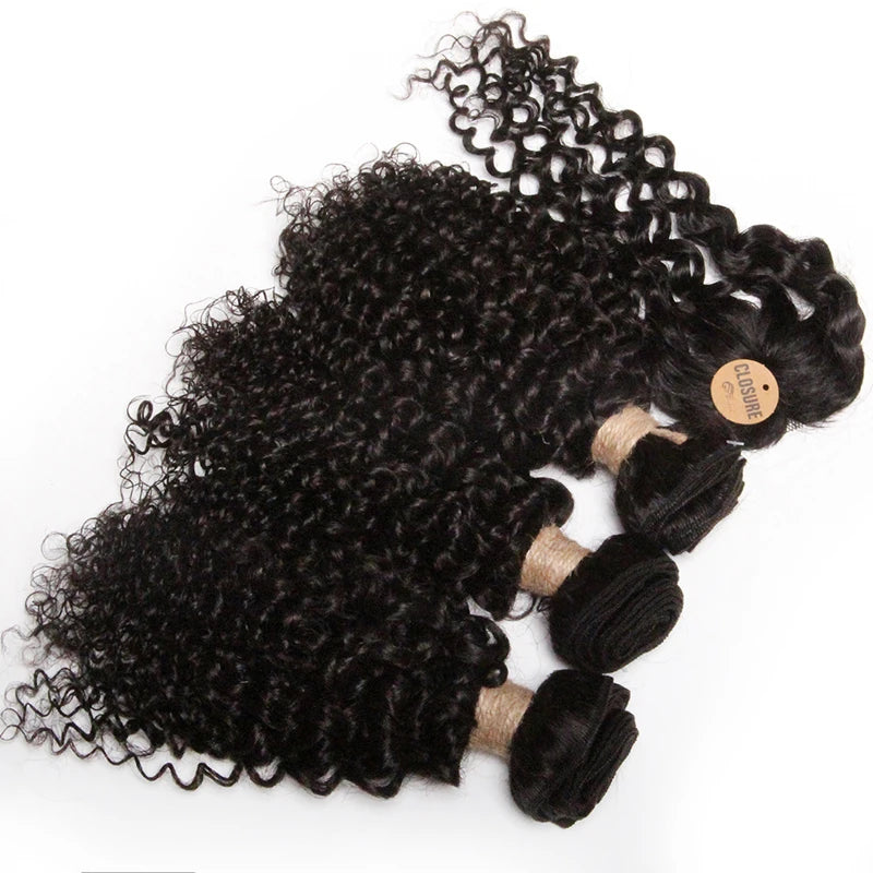 Kinky Curly Human Hair Bundles Short Brazilian Hair Weaves 3 Bundles With Closure Natural Black Curly Bundles With Closure