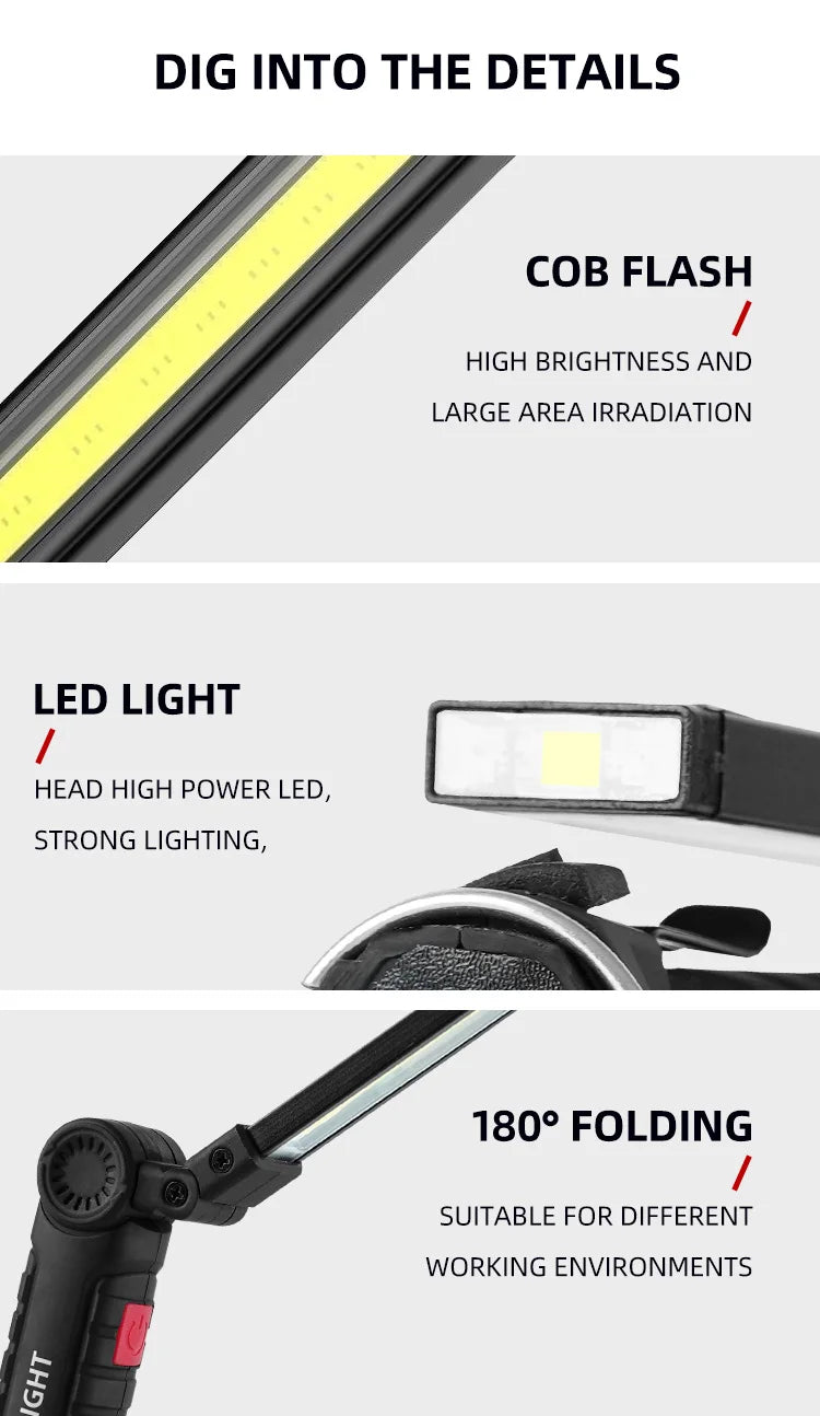 Lampe torche LED de camping rechargeable USB, lampe de travail magnétique avec crochet, étanche, mode d'éclairage adapté au travail de nuit.