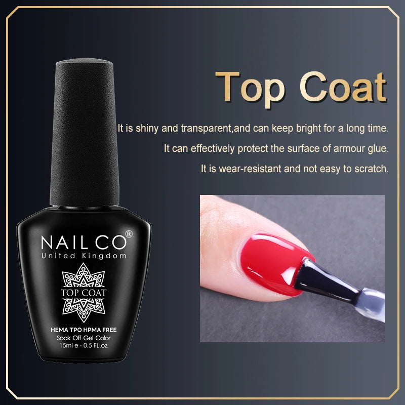 Vernis à ongles gel NAILCO 283 couleurs, base et top coat, semi-permanent, UV, pour nail art et manucure hybride.