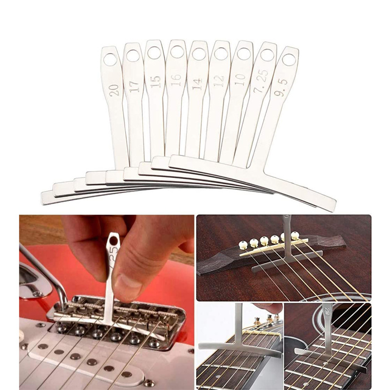 Kit d'outils pour l'entretien et la réparation de guitare : organiseur de cordes, règle de réglage de l'action des cordes, outil de mesure, jeu de clés hexagonales, limes, embouts