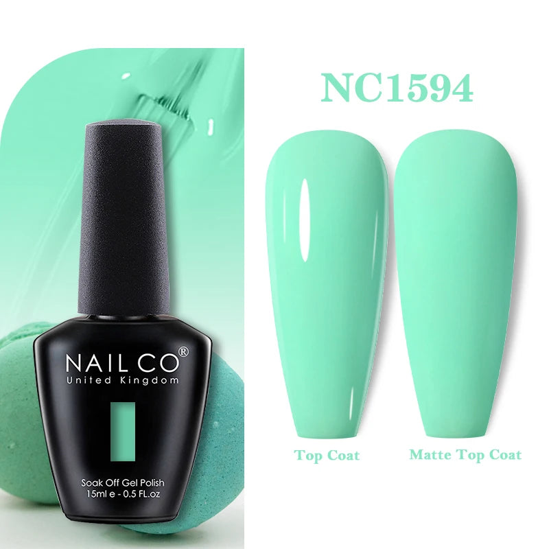 Vernis à ongles gel NAILCO 283 couleurs, base et top coat, semi-permanent, UV, pour nail art et manucure hybride.