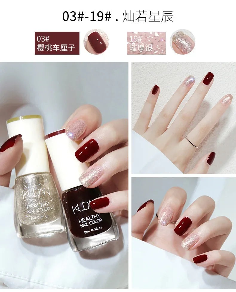 Vernis à ongles sans lampe UV, blanc à fines paillettes, sans cuisson, sans décollement, base huileuse transparente et brillante, couleur nude