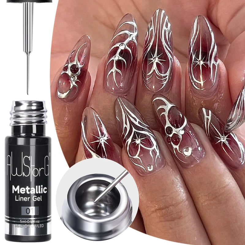 5ML Gold Silver Metallic Liner Paint Gel Polish Chrome Mirror Metal Effect Super Bright French UV LED Semi Permanent Nail Gel