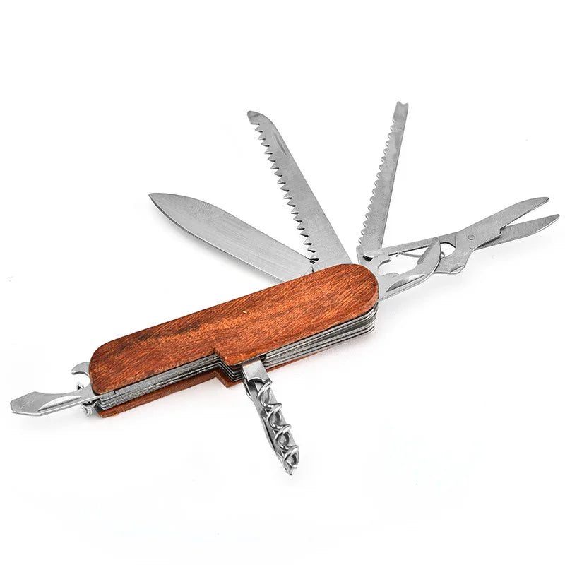 Multi-Purpose Folding Knife with Wood Handle
